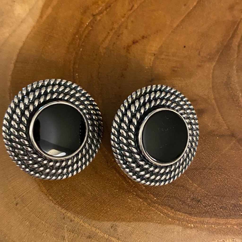 Retired James Avery Onyx Rope Bezel Earrings, Sterling Silver